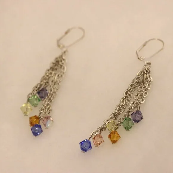 Dangle drop chain link earrings, rainbow colorful fun beads on chain ends, 2 - Picture 4 of 4